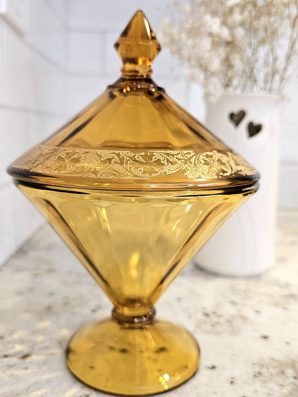Westmoreland Amber Glass Compote Covered Candy Dish Home Accent Art Deco Vanity